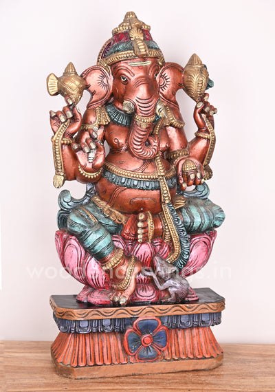 Wooden Rare Rustic Colour Lord Ganesha on Petal Lotus Showpiece Multicoloured Sculpture 31"
