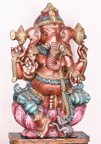 Wooden Rare Rustic Colour Lord Ganesha on Petal Lotus Showpiece Multicoloured Sculpture 31"