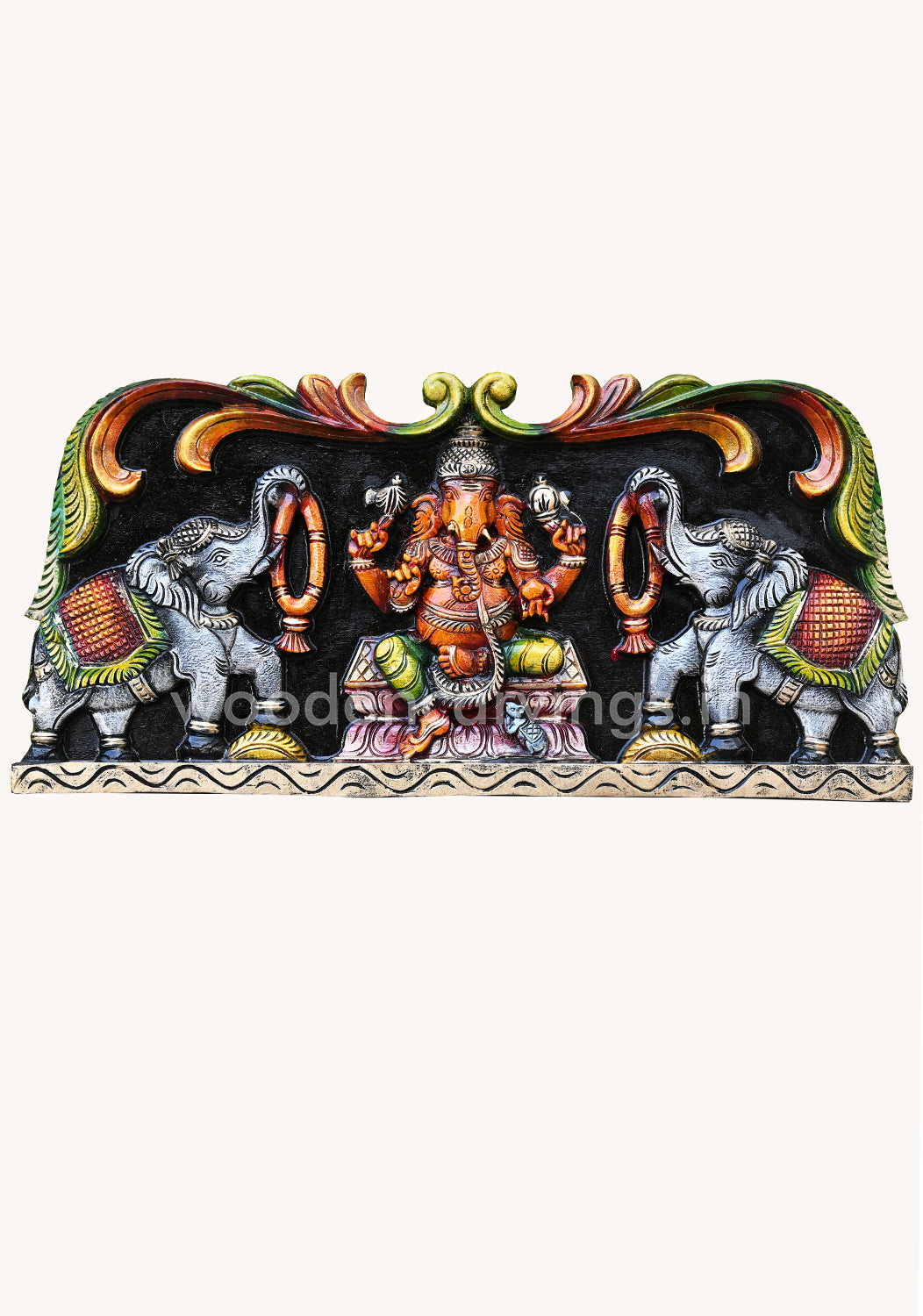 Gaja (Elephants) Ganapathi Simple Multicoloured Easy Handling Hooks Fixed Wooden Wall Panel 25"