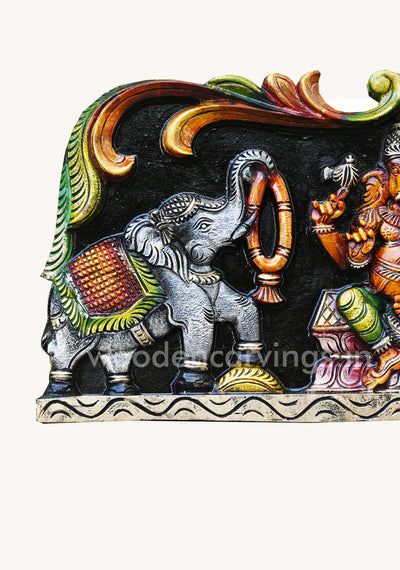 Gaja (Elephants) Ganapathi Simple Multicoloured Easy Handling Hooks Fixed Wooden Wall Panel 25"