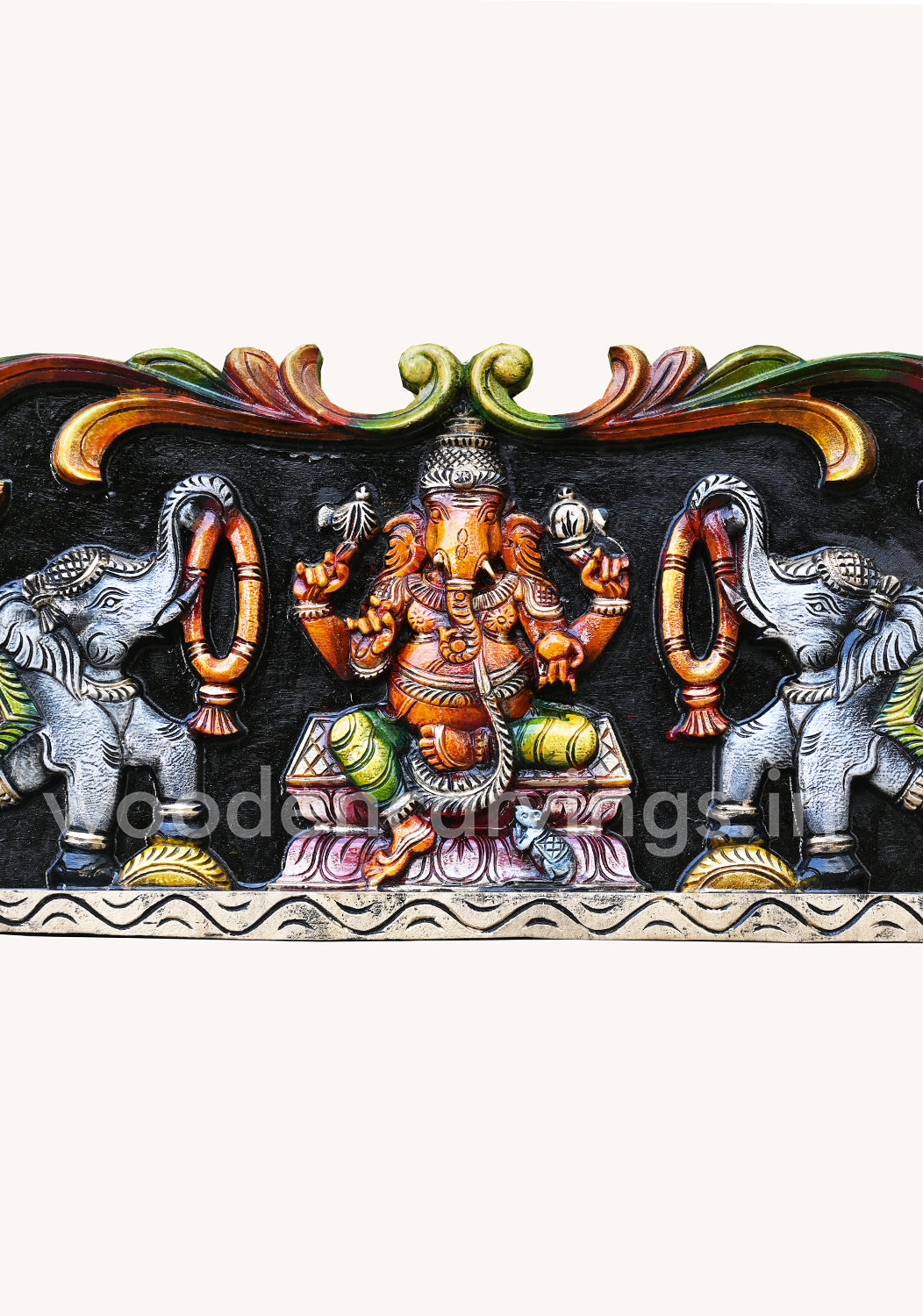 Gaja (Elephants) Ganapathi Simple Multicoloured Easy Handling Hooks Fixed Wooden Wall Panel 25"