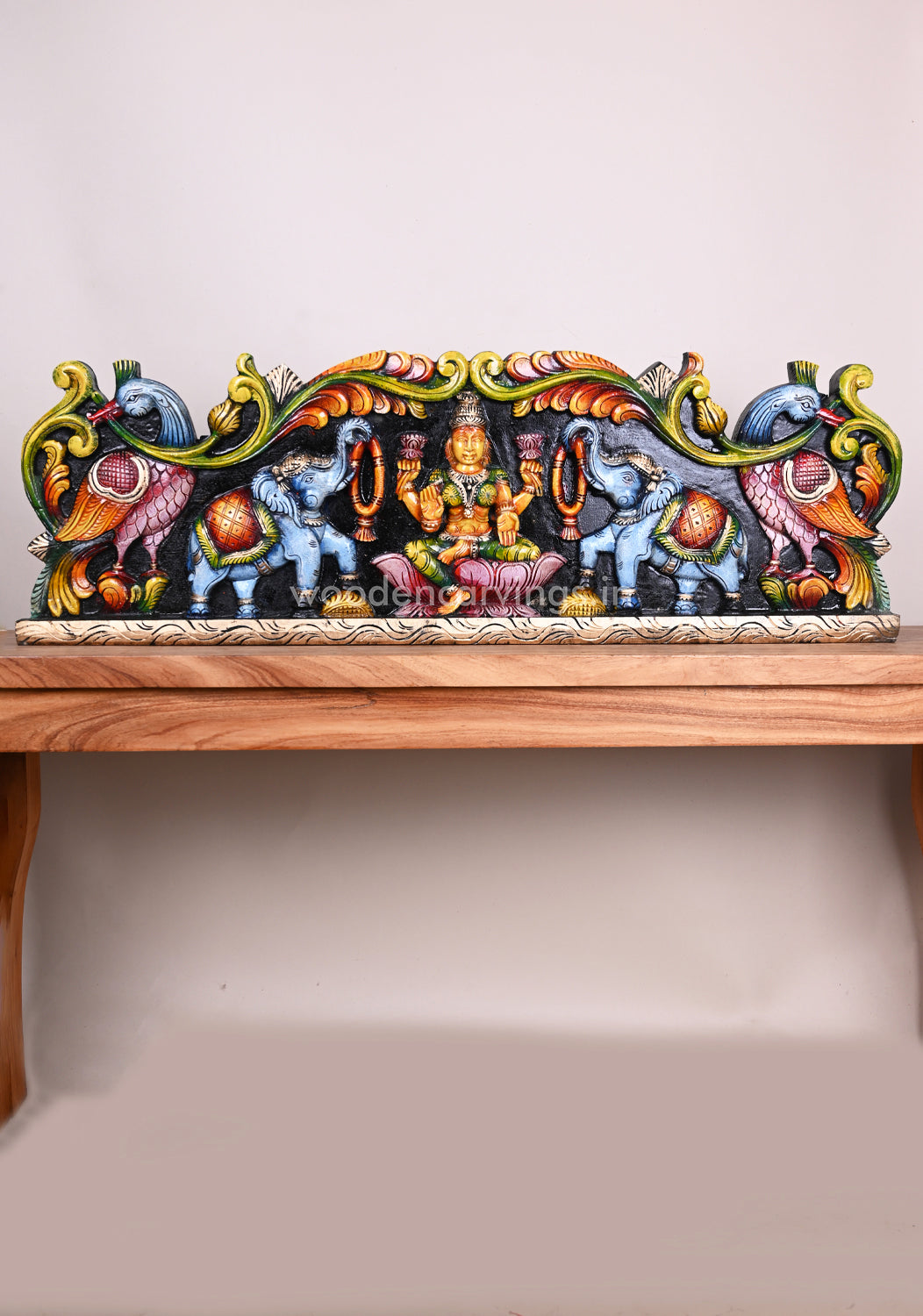 Deep Coloured Gorgeous GajaLakshmi With Paired Hamsa Bird and Elephants Wooden Horizontal Panel 38"