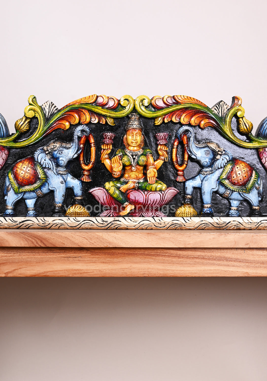 Deep Coloured Gorgeous GajaLakshmi With Paired Hamsa Bird and Elephants Wooden Horizontal Panel 38"