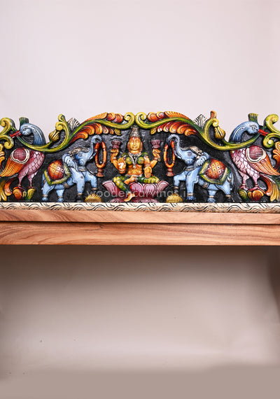 Deep Coloured Gorgeous GajaLakshmi With Paired Hamsa Bird and Elephants Wooden Horizontal Panel 38"