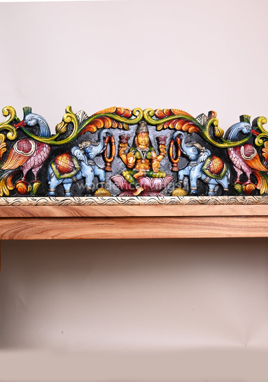 Deep Coloured Gorgeous GajaLakshmi With Paired Hamsa Bird and Elephants Wooden Horizontal Panel 38"