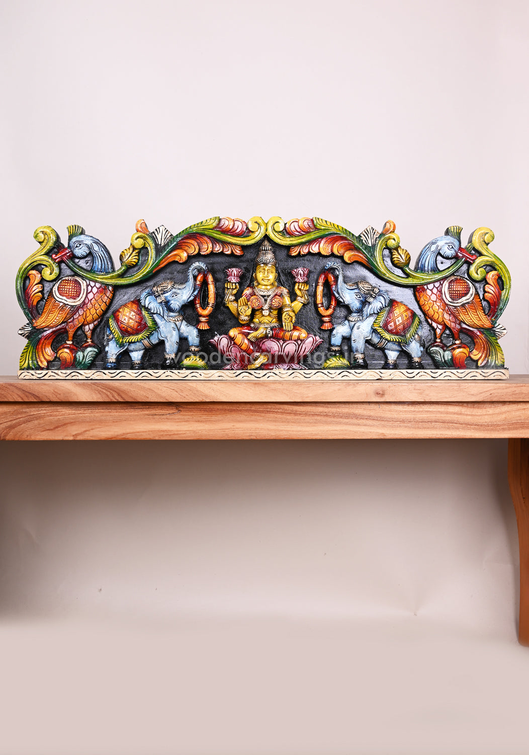 Bright Multicoloured Horizontal Goddess Gaja Lakshmi With Paired Hamsa Bird and Elephants Wall Panel 35"