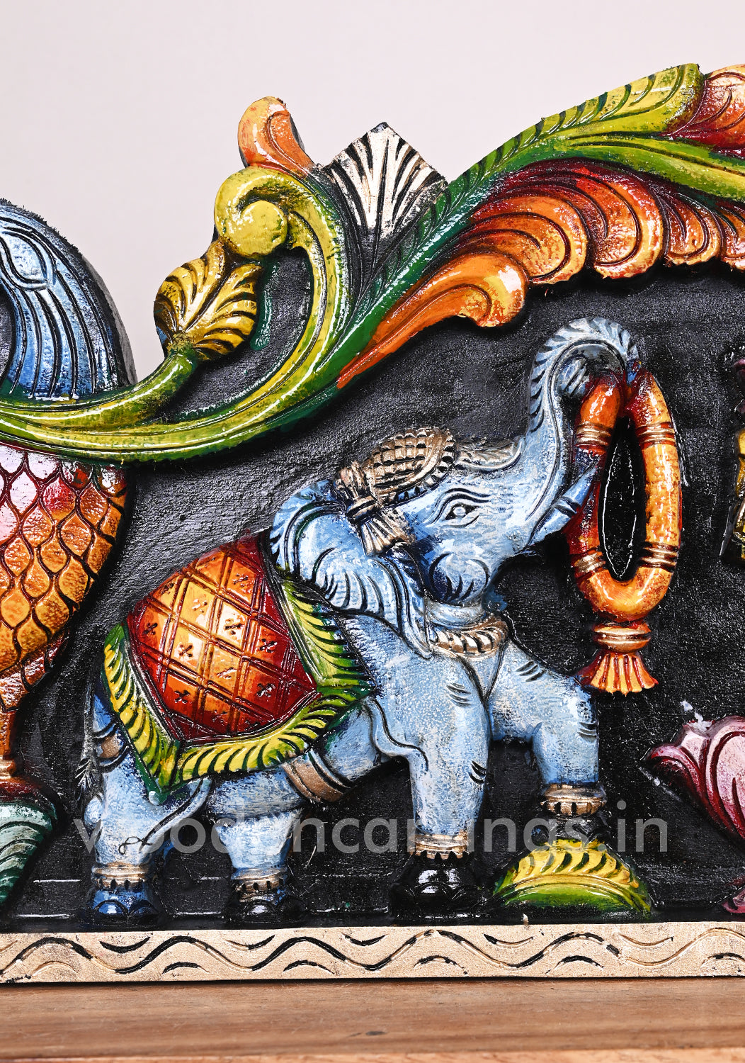 Bright Multicoloured Wooden Goddess Gaja Lakshmi Wall Panel 35"