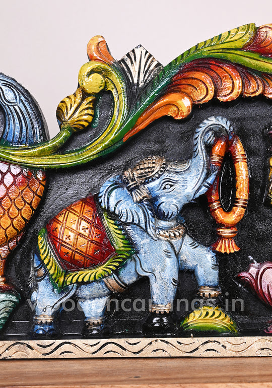 Bright Multicoloured Wooden Goddess Gaja Lakshmi Wall Panel 35"