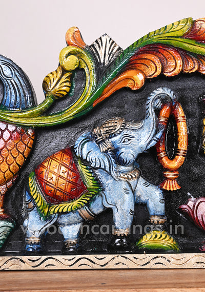 Bright Multicoloured Horizontal Goddess Gaja Lakshmi With Paired Hamsa Bird and Elephants Wall Panel 35"