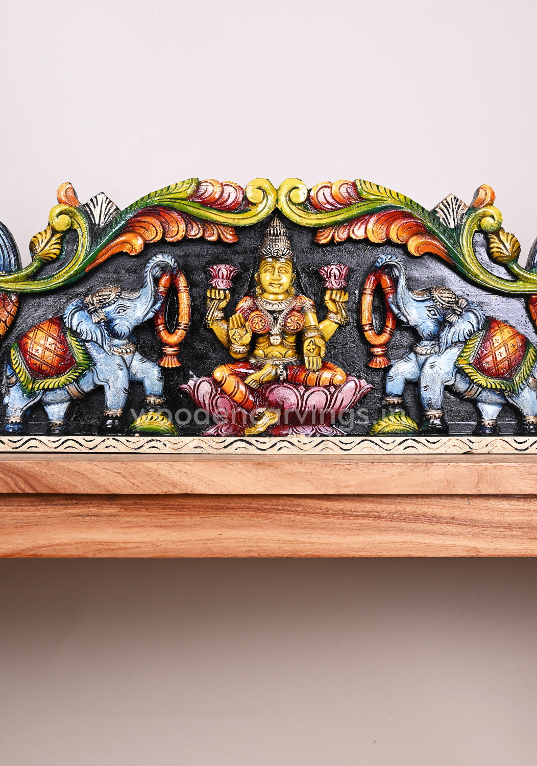 Bright Multicoloured Wooden Goddess Gaja Lakshmi Wall Panel 35"