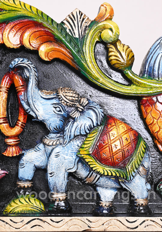 Bright Multicoloured Wooden Goddess Gaja Lakshmi Wall Panel 35"