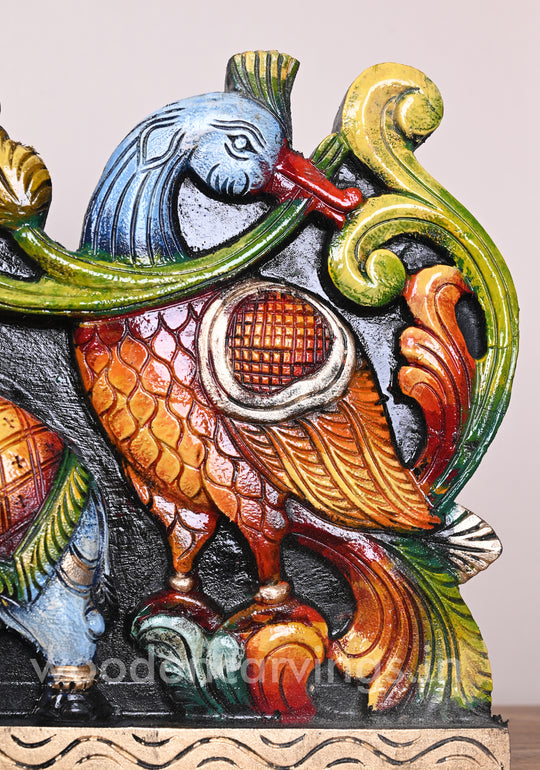 Bright Multicoloured Wooden Goddess Gaja Lakshmi Wall Panel 35"