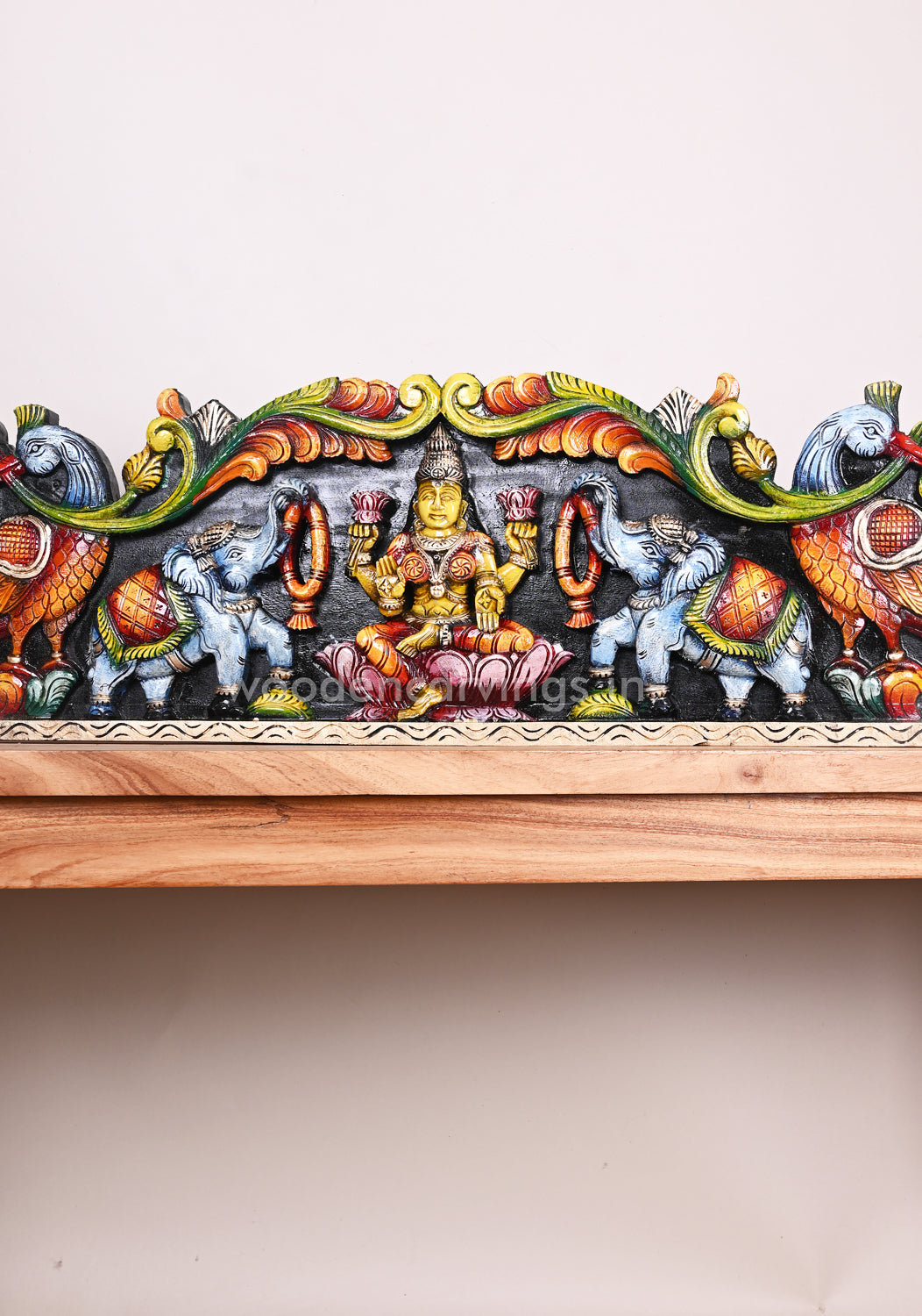 Bright Multicoloured Wooden Goddess Gaja Lakshmi Wall Panel 35"