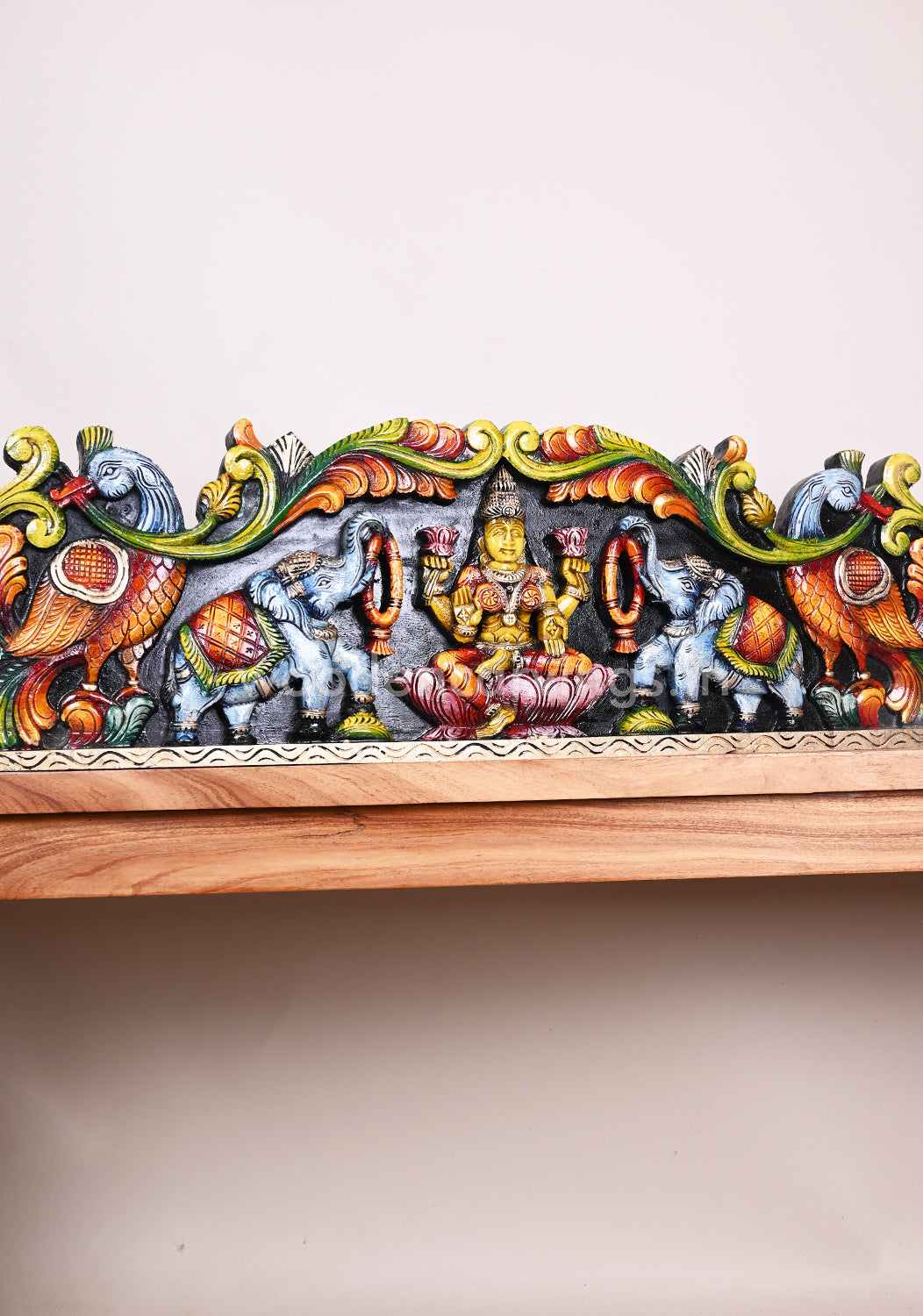 Bright Multicoloured Wooden Goddess Gaja Lakshmi Wall Panel 35"