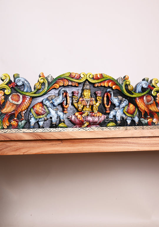 Bright Multicoloured Wooden Goddess Gaja Lakshmi Wall Panel 35"