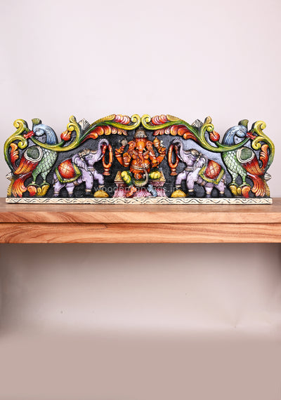 Colourful Bright Attractive Gaja Ganesha with Grey Elephants Horizontal Hook Fixed Wall Panel 35"