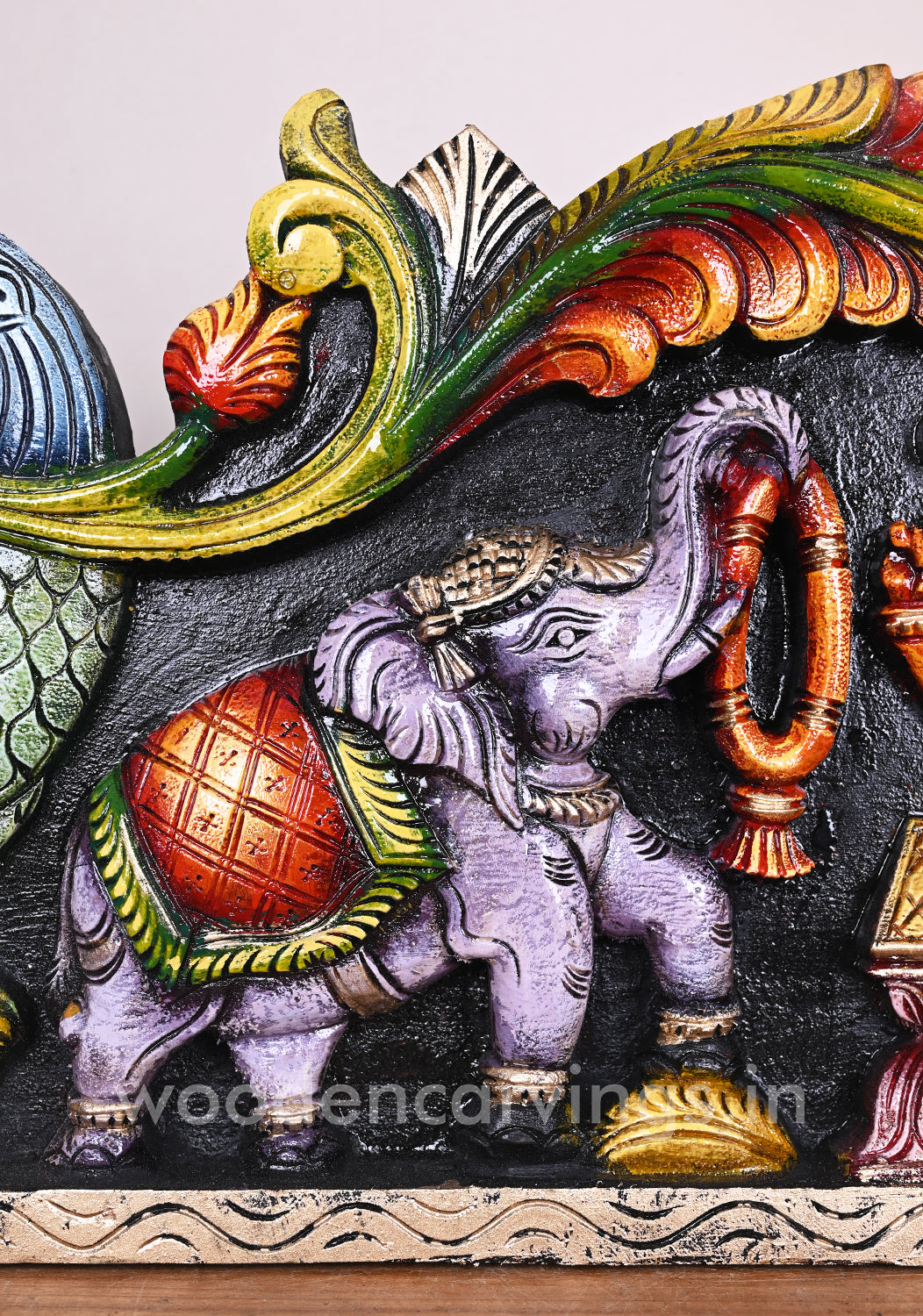 Colourful Wooden Gaja Ganesha Wall Panel with Grey Elephants – 35 Decor