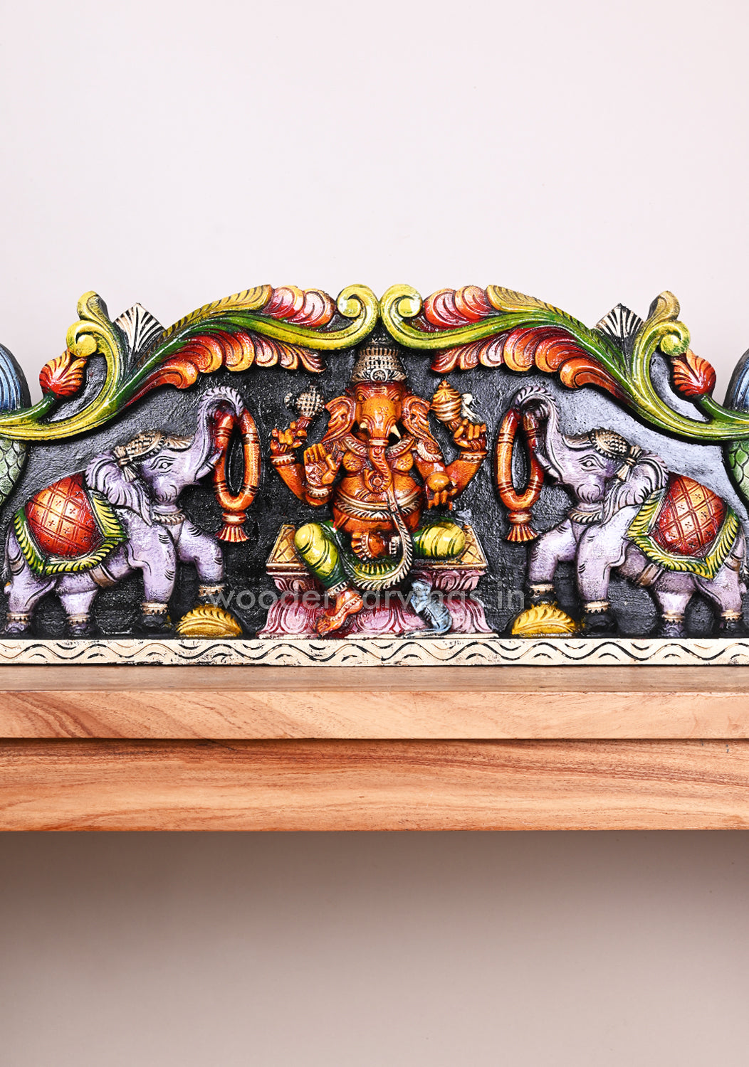 Colourful Wooden Gaja Ganesha Wall Panel with Grey Elephants – 35 Decor