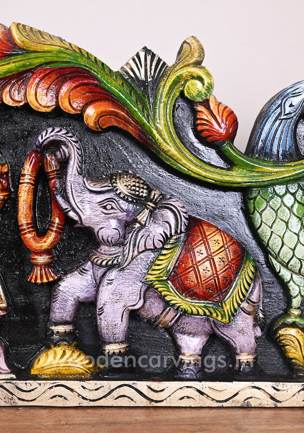 Colourful Wooden Gaja Ganesha Wall Panel with Grey Elephants – 35 Decor
