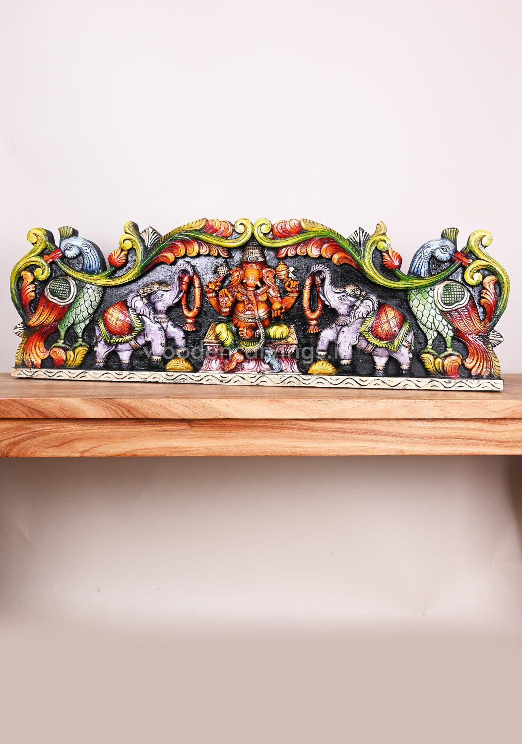 Colourful Wooden Gaja Ganesha Wall Panel with Grey Elephants – 35 Decor
