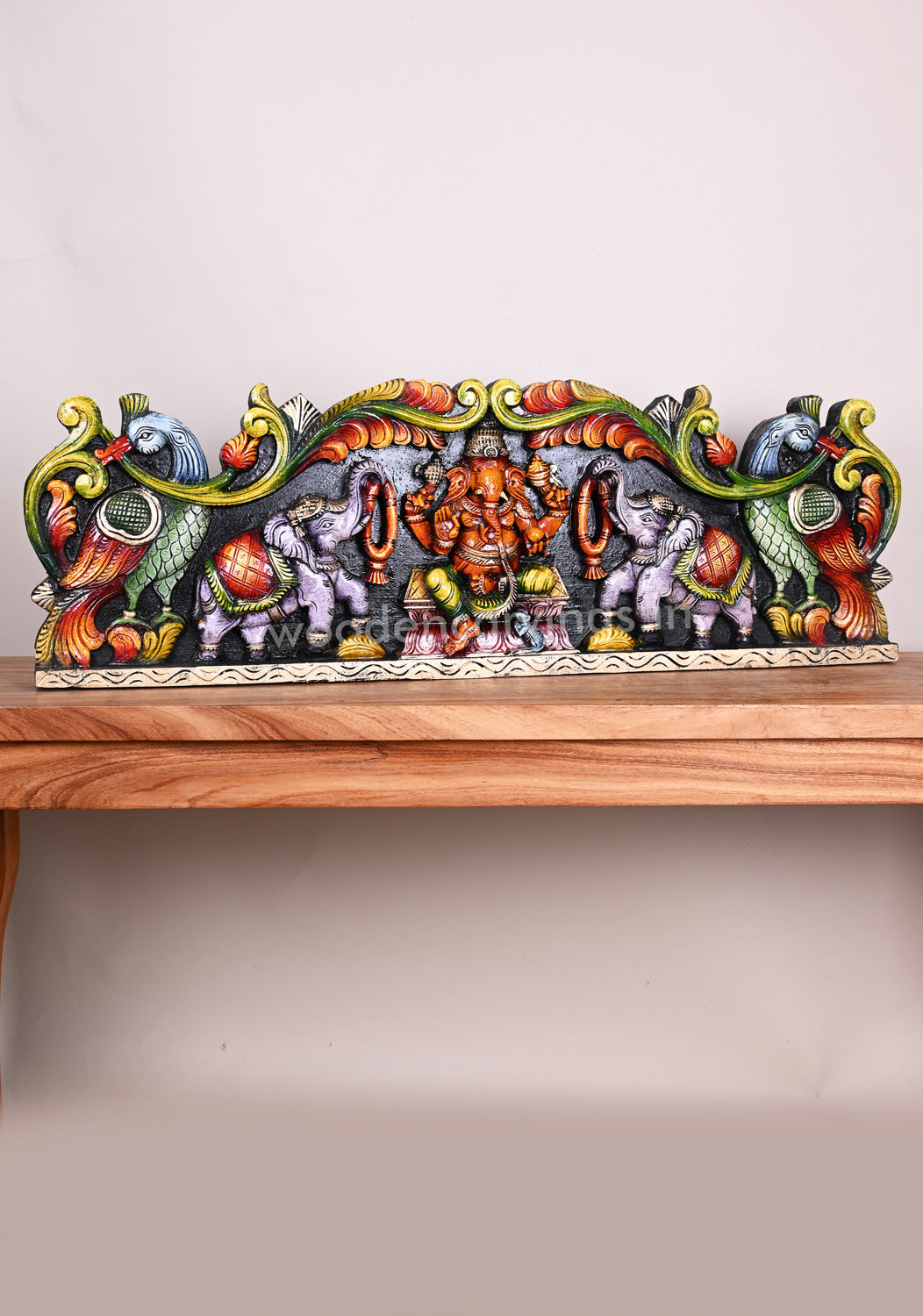 Colourful Wooden Gaja Ganesha Wall Panel with Grey Elephants – 35 Decor