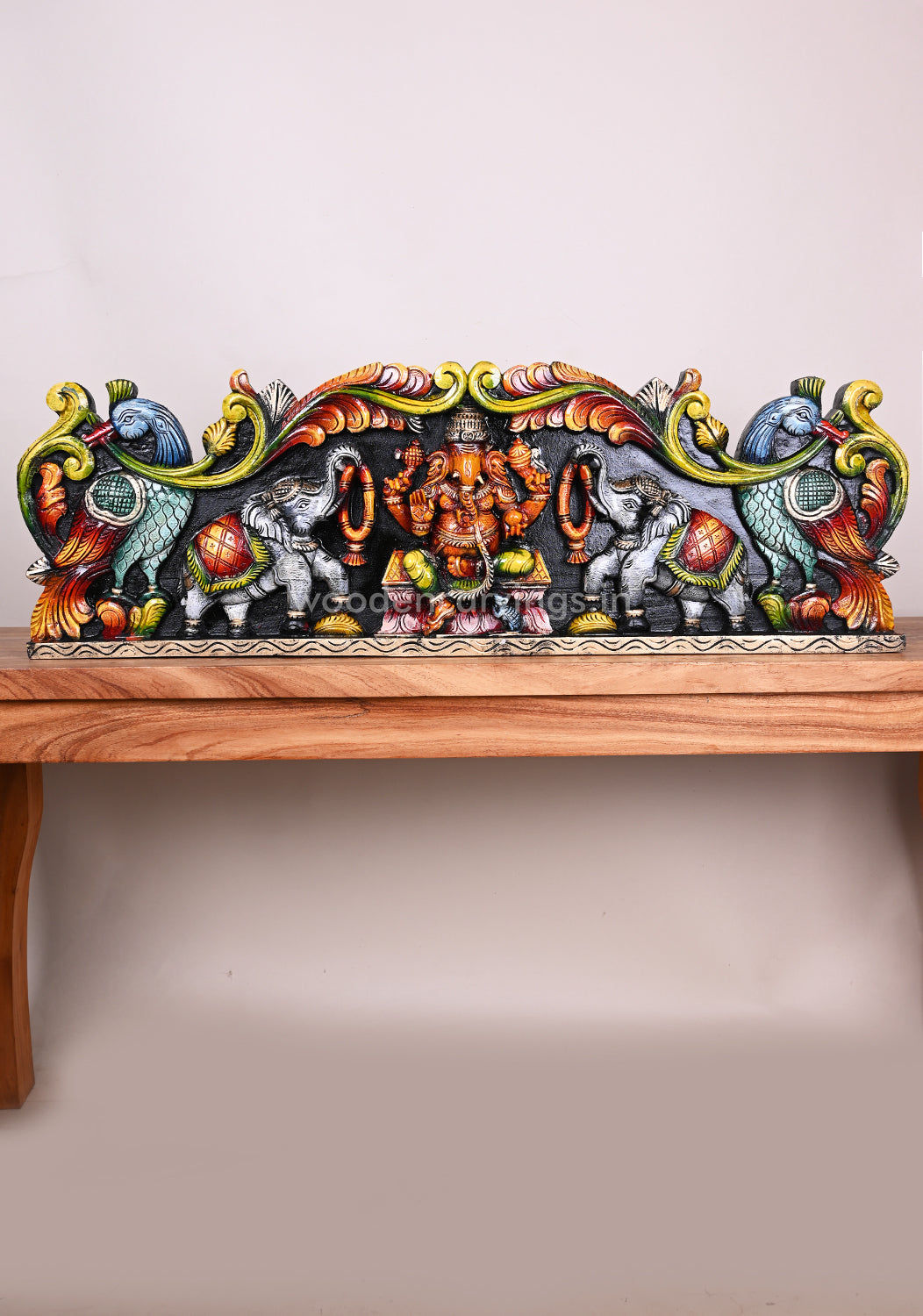 Floral Design Beautiful Gaja Ganesha Horizontal Standing Hamsa Bird Wooden Coloured Wall Panel 35"