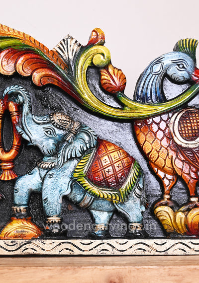 Wooden Gorgeous Gaja Lakshmi With Blue Elephants Coloured Floral Design Wooden Home Decor Panel 35"