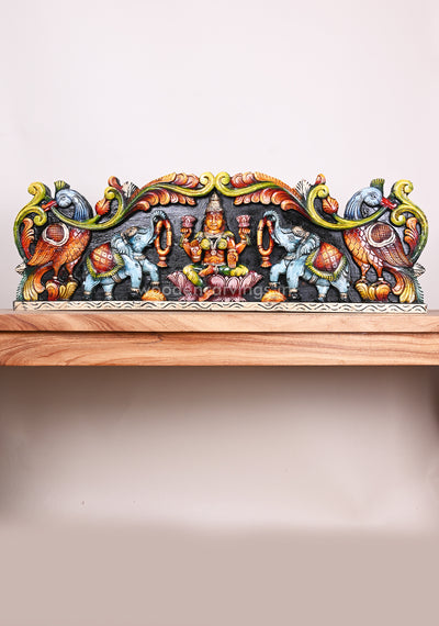 Wooden Gorgeous Gaja Lakshmi With Blue Elephants Coloured Floral Design Wooden Home Decor Panel 35"