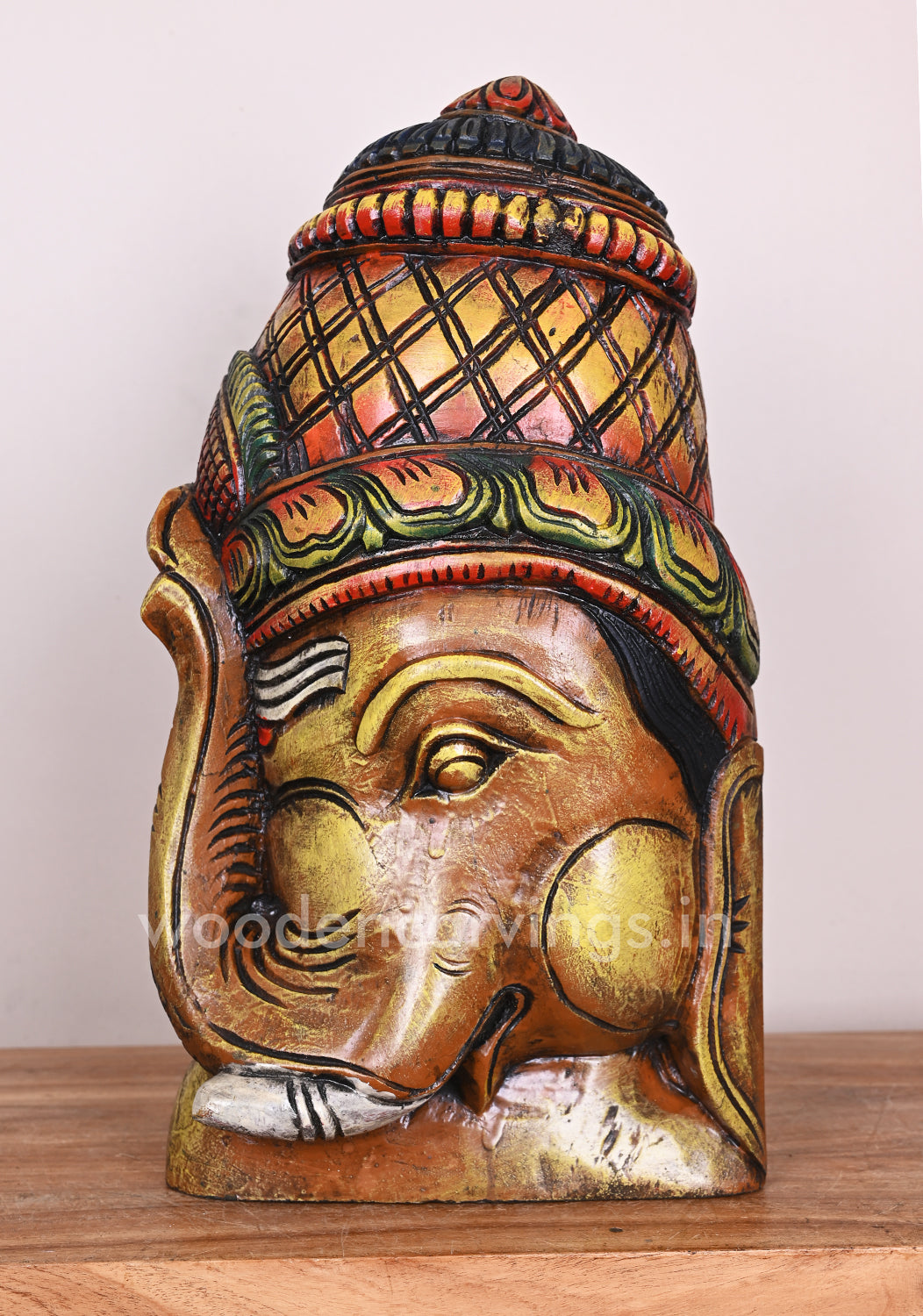 Lord Ganesha Upraised His Trunk Wooden Multicoloured Light Weight Home Decor Mask 18"