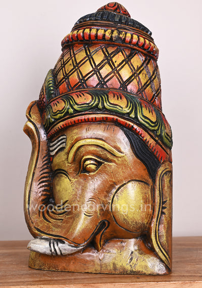 Lord Ganesha Upraised His Trunk Wooden Multicoloured Light Weight Home Decor Mask 18"