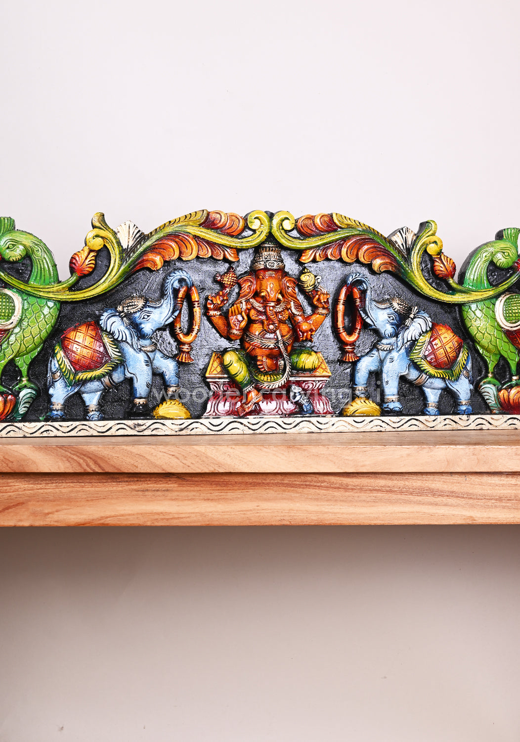 Wooden Horizontal Gaja Ganesha With Grey Elephants Holding Flower Garland Coloured Panel 35"