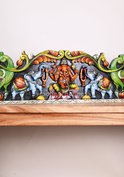 Wooden Horizontal Gaja Ganesha With Grey Elephants Holding Flower Garland Coloured Panel 35"