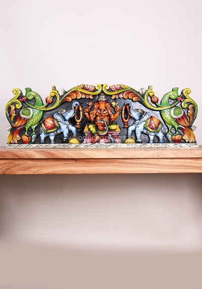 Wooden Horizontal Gaja Ganesha With Grey Elephants Holding Flower Garland Coloured Panel 35"