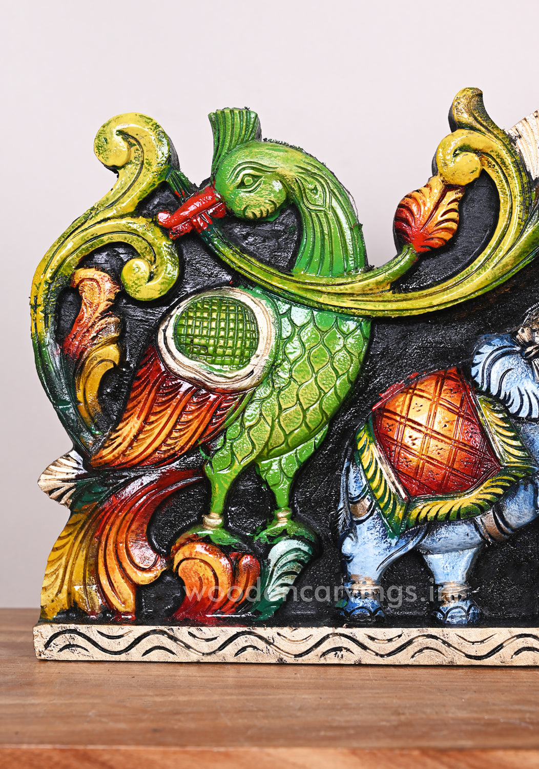 Wooden Horizontal Gaja Ganesha With Grey Elephants Holding Flower Garland Coloured Panel 35"