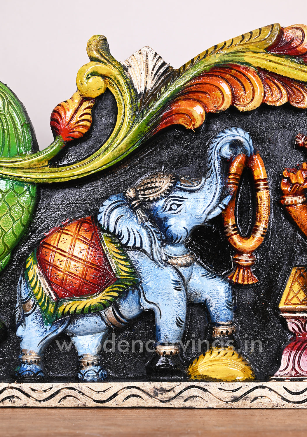 Wooden Horizontal Gaja Ganesha With Grey Elephants Holding Flower Garland Coloured Panel 35"