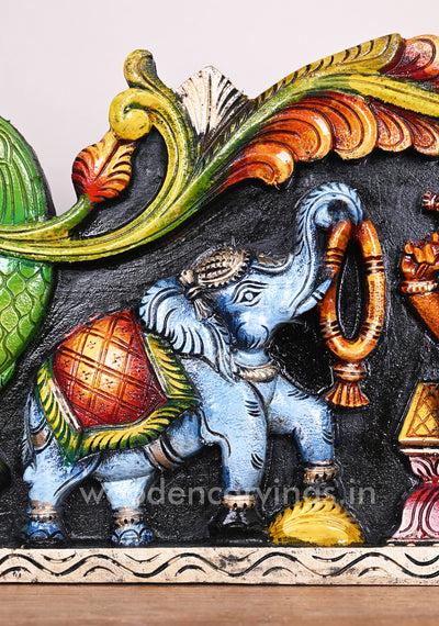 Wooden Horizontal Gaja Ganesha With Grey Elephants Holding Flower Garland Coloured Panel 35"