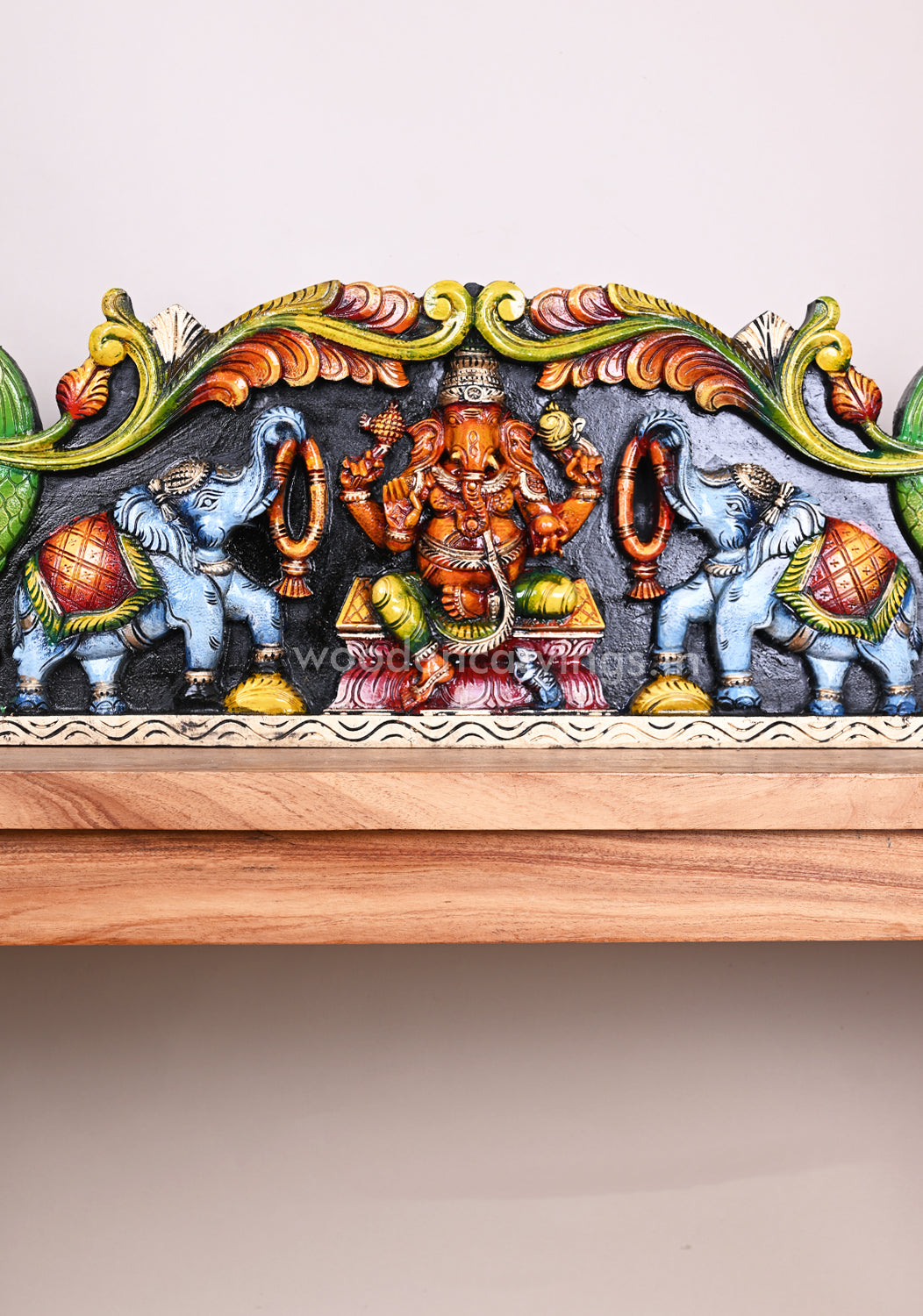 Wooden Horizontal Gaja Ganesha With Grey Elephants Holding Flower Garland Coloured Panel 35"