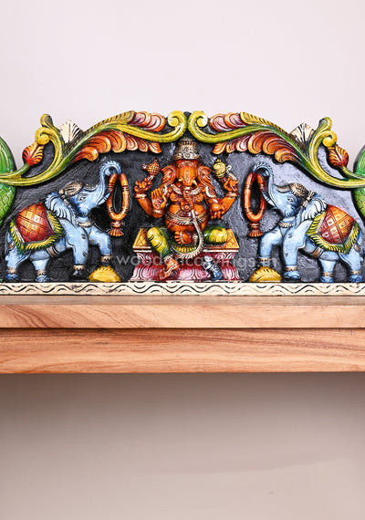 Wooden Horizontal Gaja Ganesha With Grey Elephants Holding Flower Garland Coloured Panel 35"