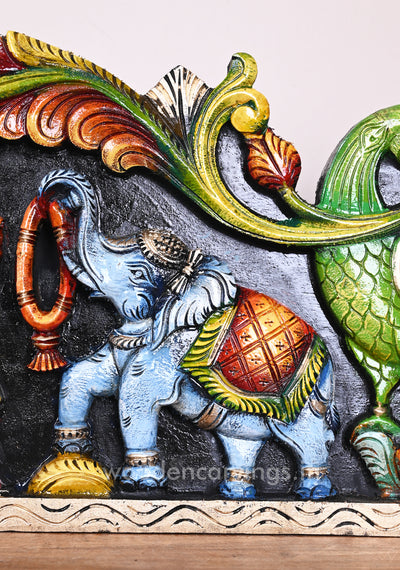 Wooden Horizontal Gaja Ganesha With Grey Elephants Holding Flower Garland Coloured Panel 35"