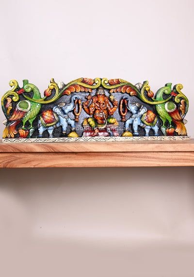 Wooden Horizontal Gaja Ganesha With Grey Elephants Holding Flower Garland Coloured Panel 35"
