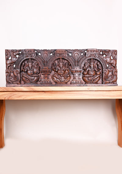 Horizontal Wax Brown Lord Ganesha Holding Musical Instruments with His Consort Wall Panel 36"