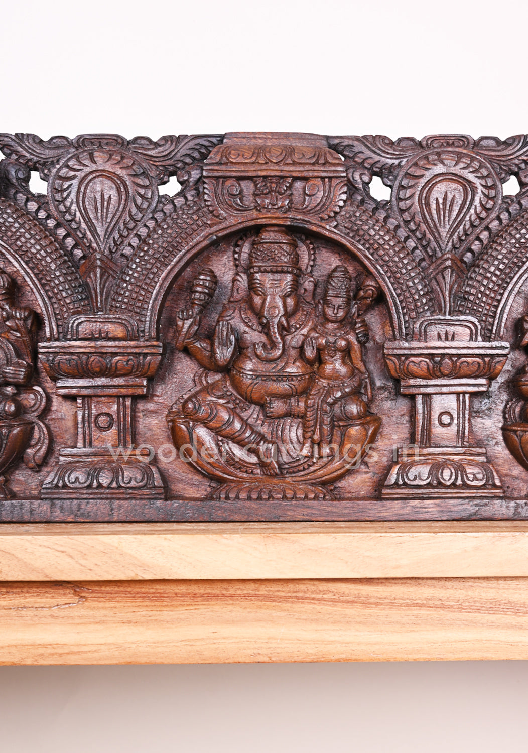 Horizontal Wax Brown Lord Ganesha Holding Musical Instruments with His Consort Wall Panel 36"