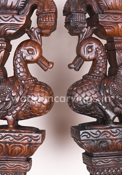 Detaily Handcarved Beautiful Standing Hamsa Bird (Annapakshi) Paired Wooden Wall Brackets 18"