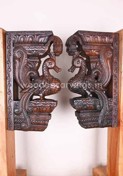 Detaily Handcarved Beautiful Standing Hamsa Bird (Annapakshi) Paired Wooden Wall Brackets 18"