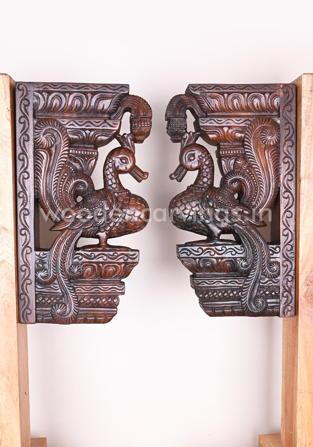 Detaily Handcarved Beautiful Standing Hamsa Bird (Annapakshi) Paired Wooden Wall Brackets 18"