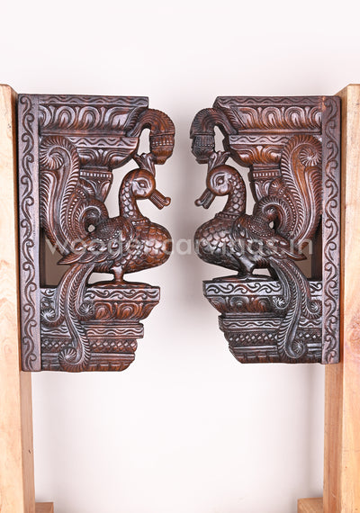 Detaily Handcarved Beautiful Standing Hamsa Bird (Annapakshi) Paired Wooden Wall Brackets 18"