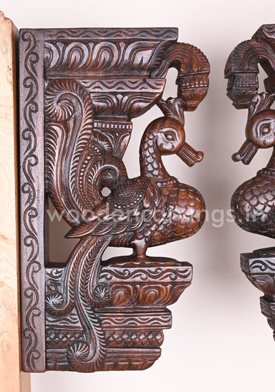 Detaily Handcarved Beautiful Standing Hamsa Bird (Annapakshi) Paired Wooden Wall Brackets 18"