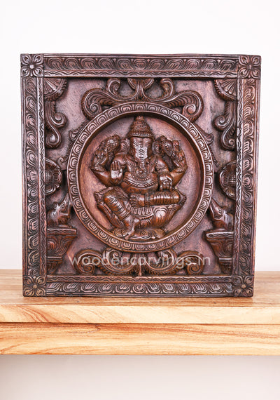 Square Shape Round Floral Design Handmade Ganesha on Lotus Wooden Wax Brown Wall Mount 18"