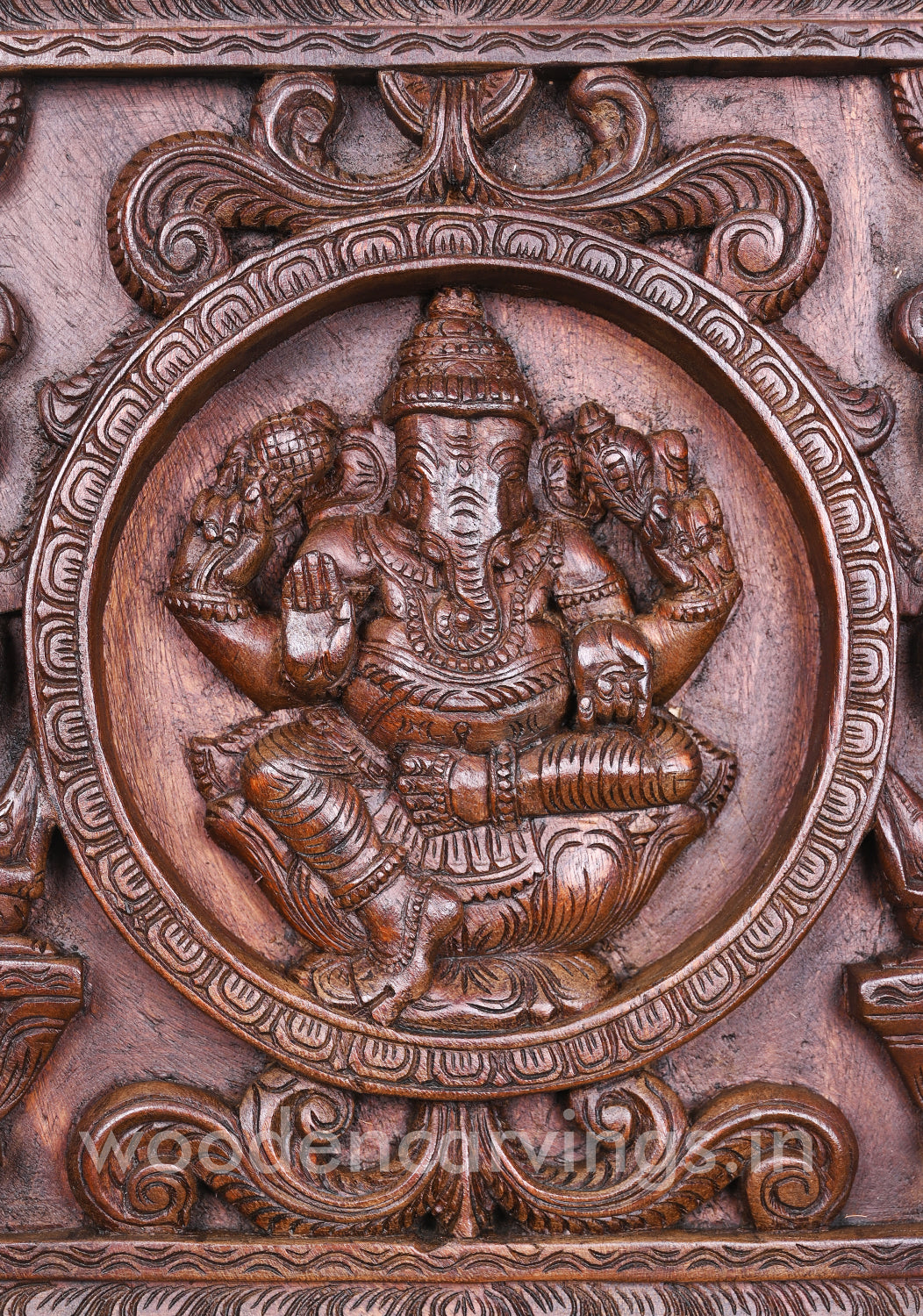 Square Shape Round Floral Design Handmade Ganesha on Lotus Wooden Wax Brown Wall Mount 18"