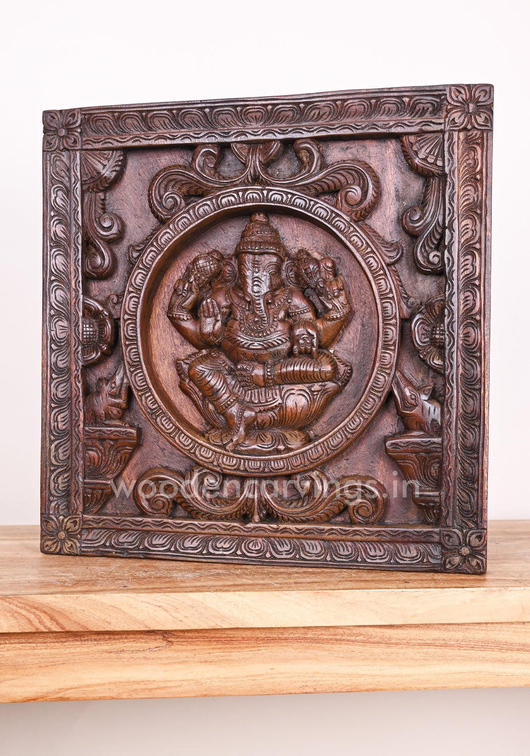 Square Shape Round Floral Design Handmade Ganesha on Lotus Wooden Wax Brown Wall Mount 18"